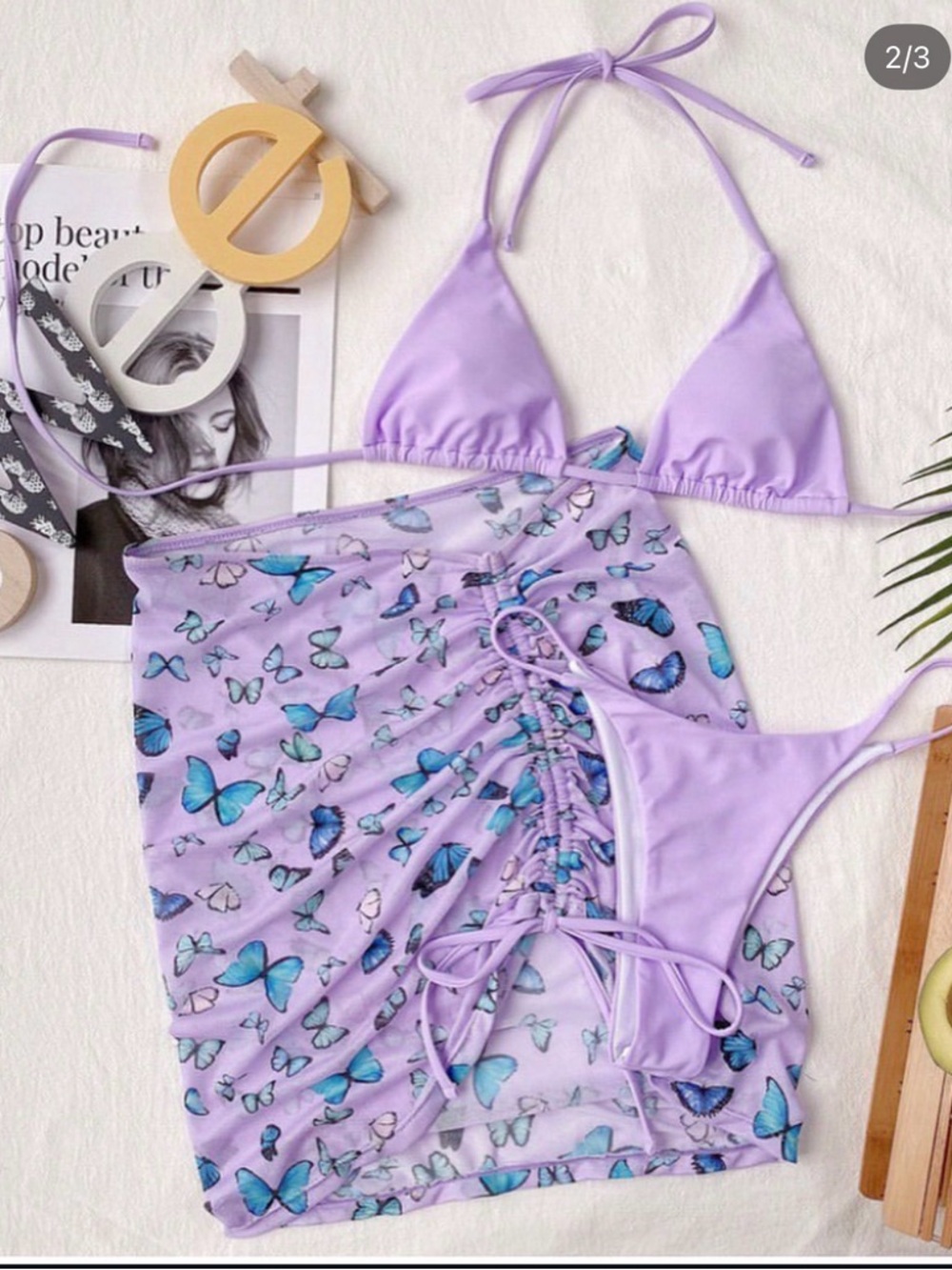 Lilac Butterfly Print Bikini Set with Ruched Sarong